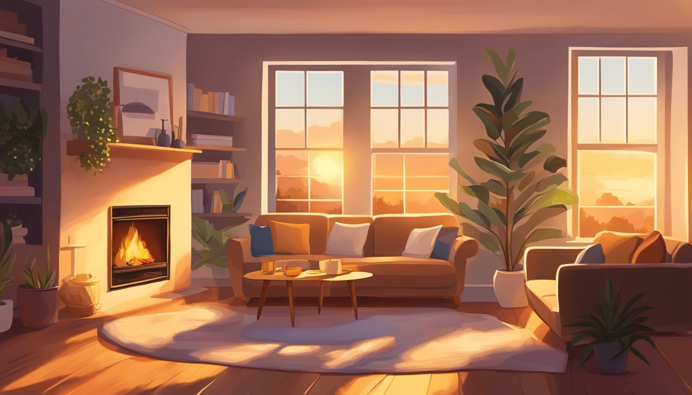 A cozy living room with a crackling fireplace and a plush sofa, bathed in warm, golden light from the setting sun streaming through the window