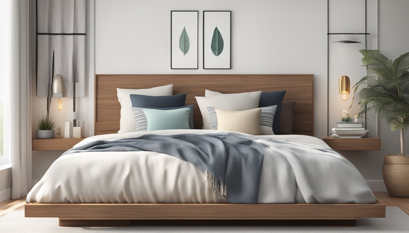 A neatly made platform bed with a simple, modern design sits against a white wall, adorned with a few decorative pillows and a cozy throw blanket