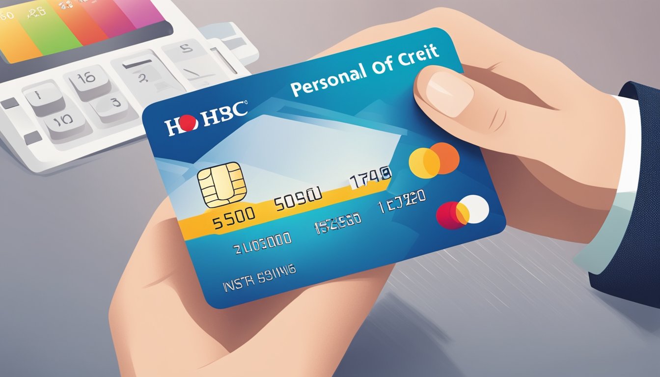 A hand holding a credit card with "HSBC Personal Line of Credit" on it, with interest rates and credit limits displayed in the background