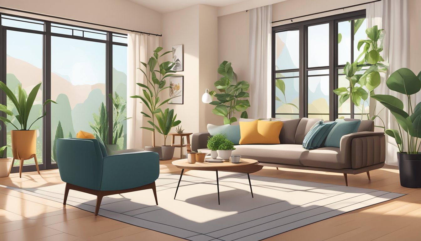 A cozy living room with modern furniture, warm color scheme, and minimalistic decor. A large window provides natural light, and potted plants add a touch of nature to the space