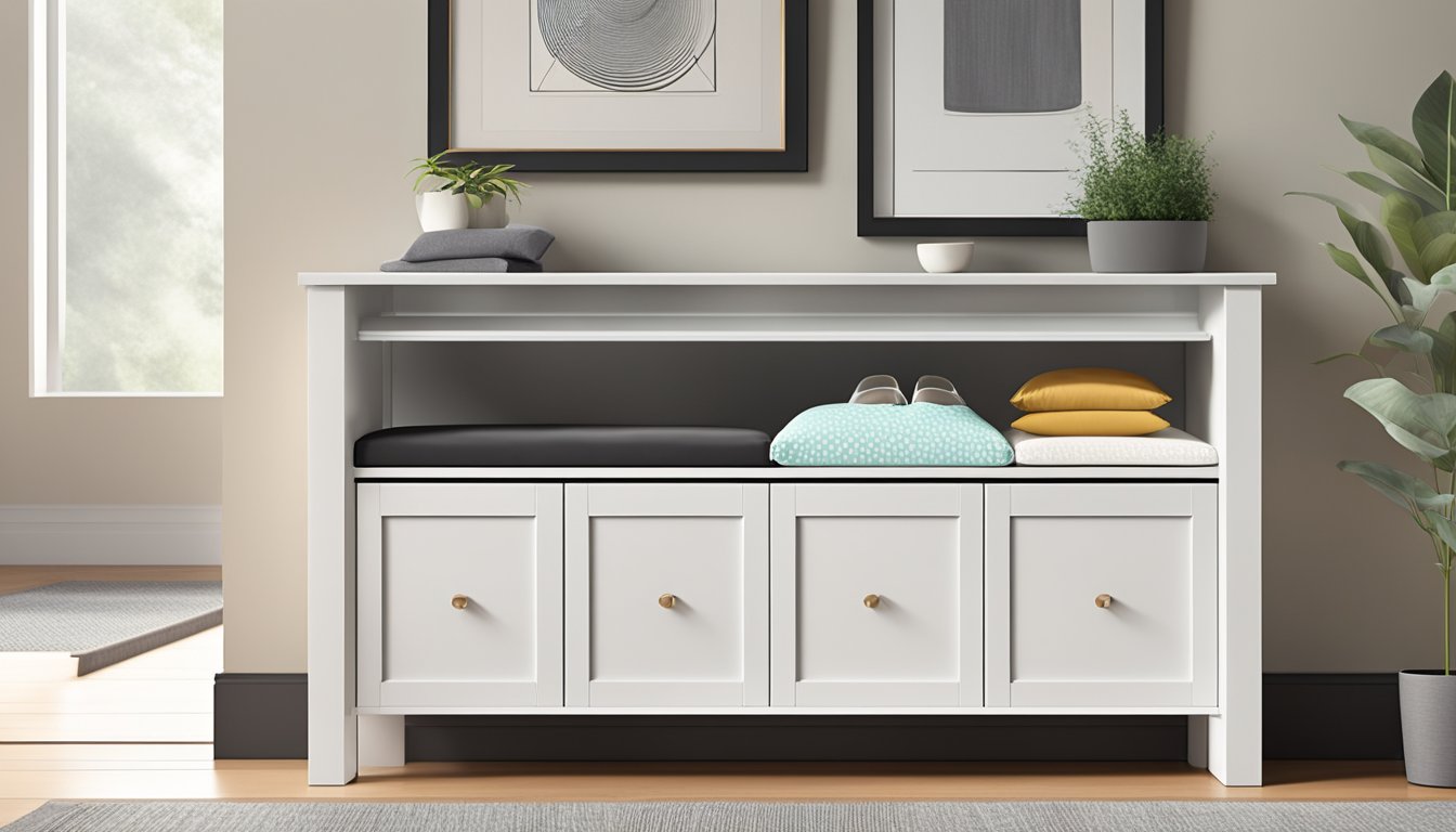 A sleek, modern shoe bench in a tidy entryway, with multiple compartments for storage and a cushioned seat for comfort