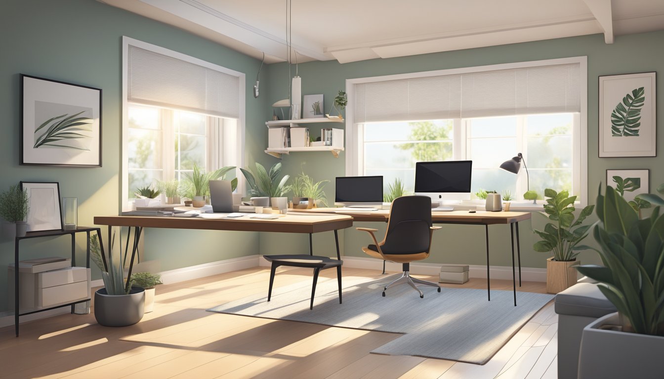 A clutter-free workspace with clean lines and minimalistic furniture. Natural light floods the room, illuminating the sleek, modern design elements