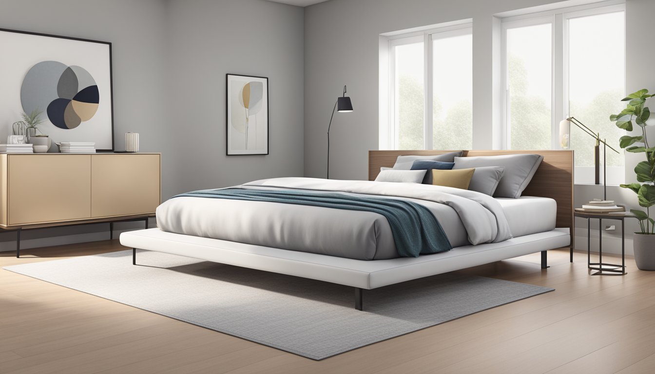 A sleek platform bed with a low-profile frame and minimalist design, accented with clean lines and a neutral color palette