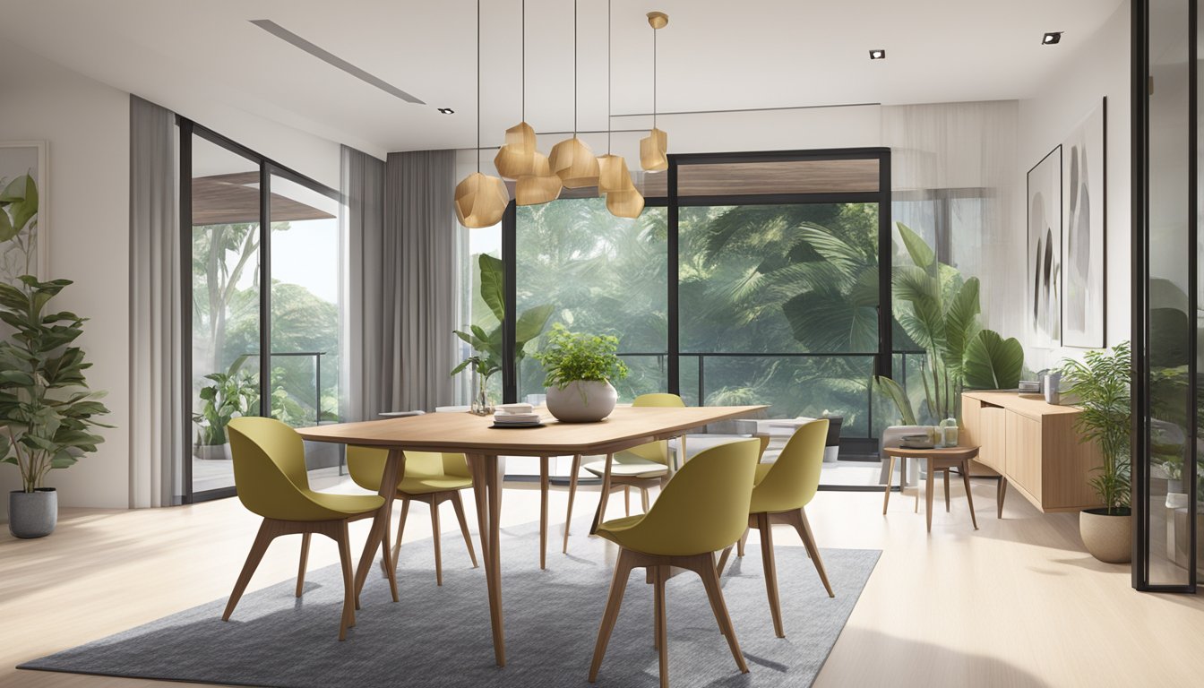 A modern 4-seater dining table in a well-lit Singaporean home, with sleek design and comfortable chairs