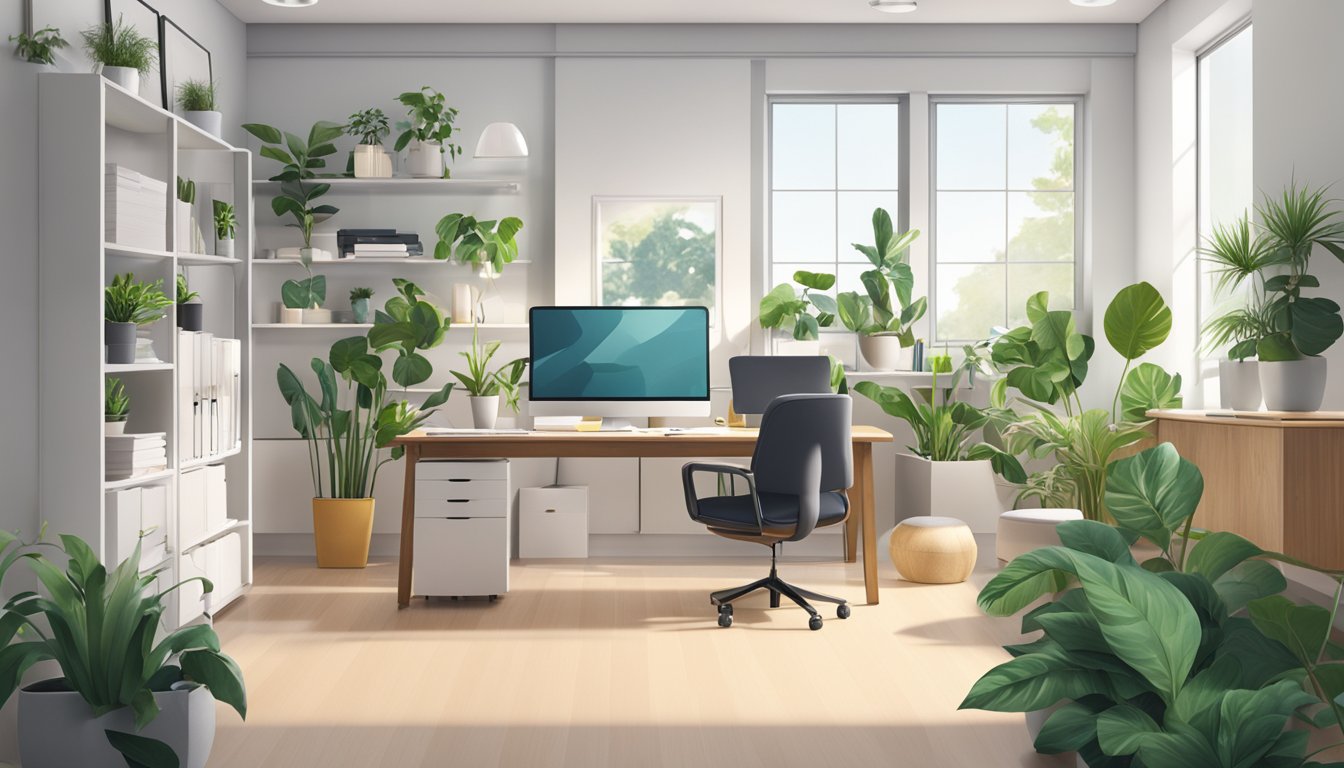 A clean, organized office space with a finished project displayed prominently, surrounded by plants and modern furniture