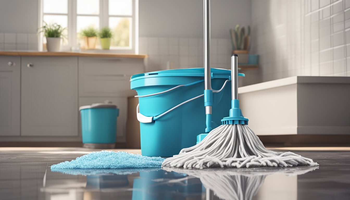 A spin mop with a bucket, wringer, and detachable mop head, surrounded by spilled liquid and dirty floors