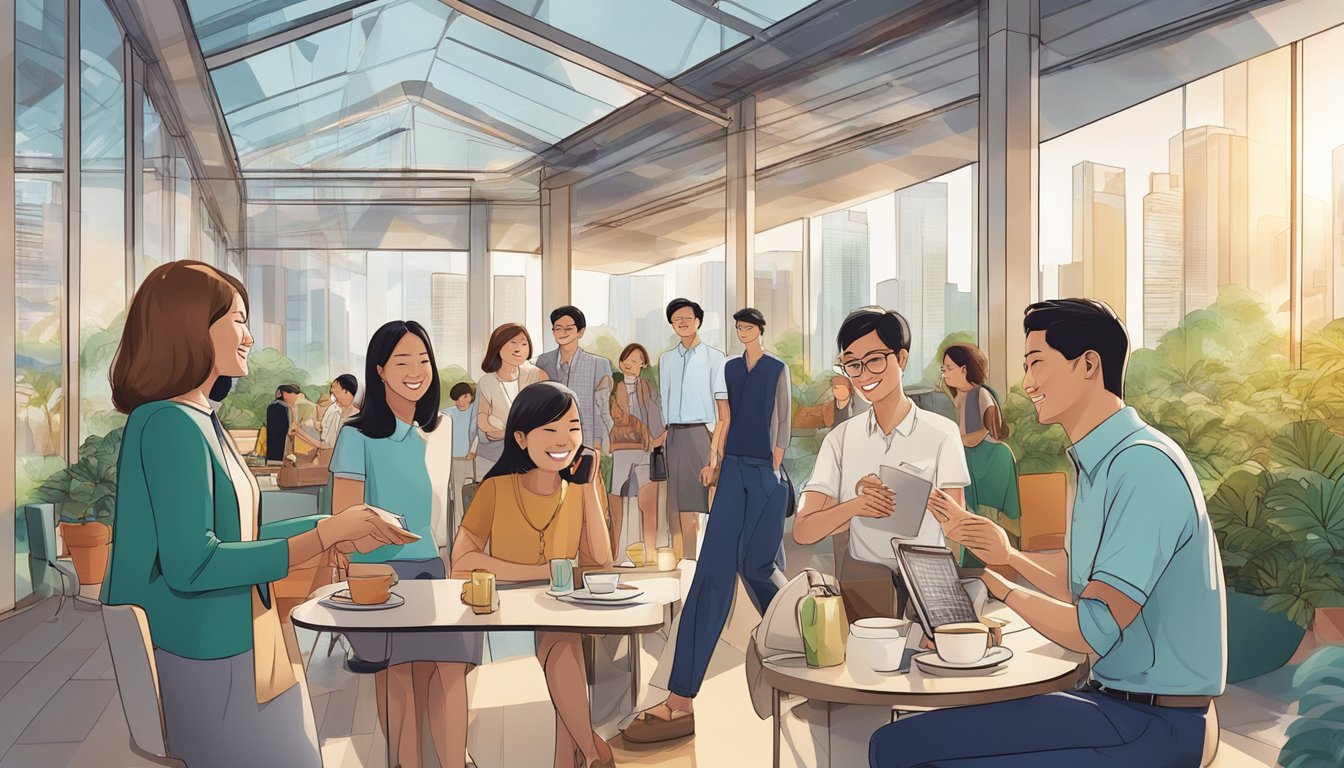 A diverse group of people from different countries are seen enjoying the additional services and benefits of HSBC's Personal Line of Credit in Singapore. The scene includes individuals engaging in various activities such as banking, shopping, and leisure, showcasing the convenience and flexibility of