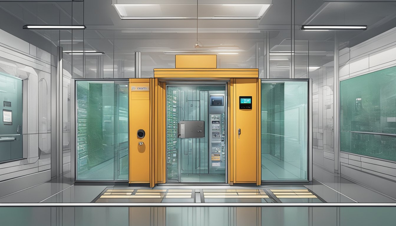 A secure vault with a padlocked door, surrounded by high-tech security cameras and biometric scanners, ensuring privacy for HSBC Personal Line of Credit in Singapore for foreigners