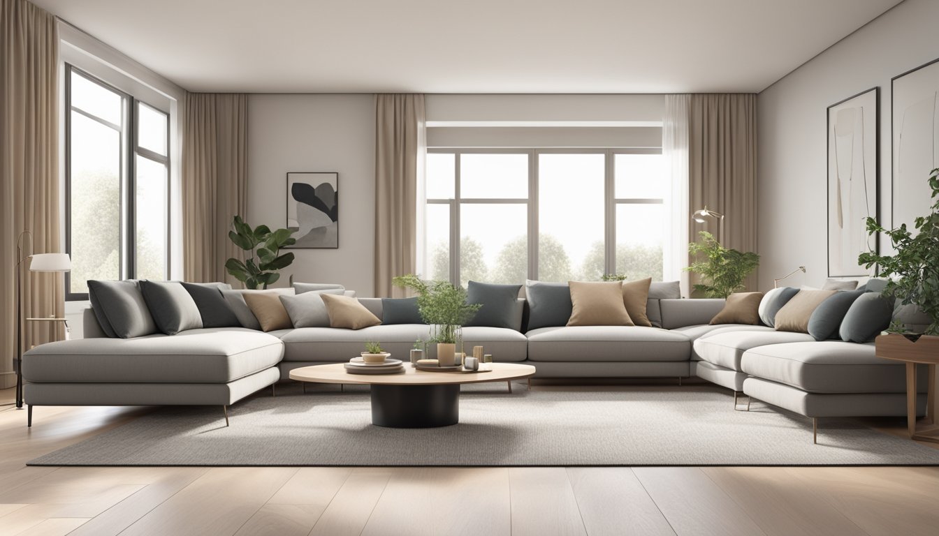 A modern modular sofa in a spacious living room with clean lines and neutral colors, surrounded by contemporary decor and natural light