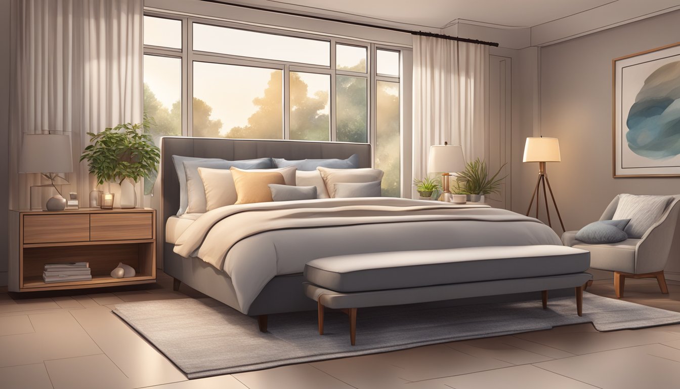 A cozy bedroom with modern furniture, soft lighting, and neutral colors. A large, comfortable bed with plush bedding and stylish decor