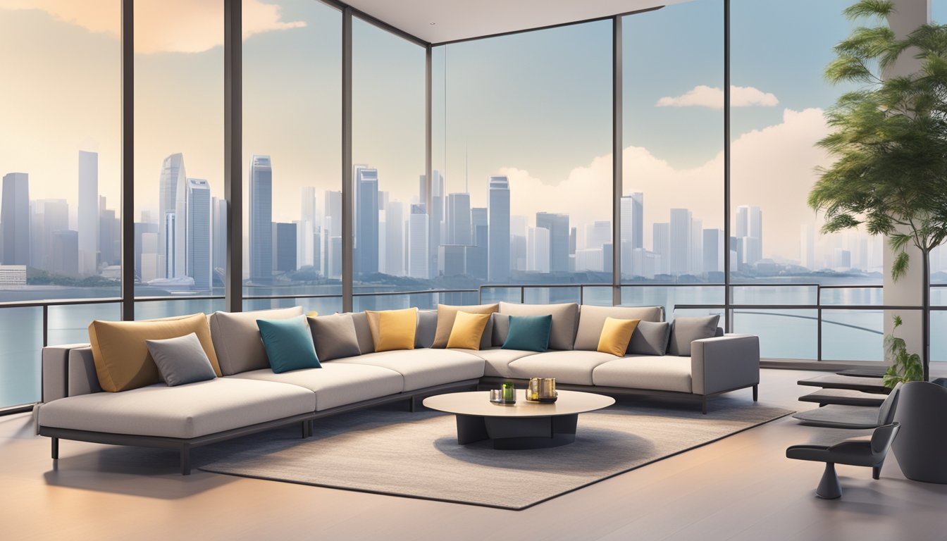 A sleek modular sofa set against a backdrop of modern Singapore skyline, with clean lines and versatile configurations