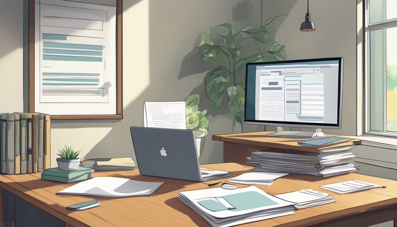 A table with a stack of papers, a computer, and a sign that reads "Frequently Asked Questions" in a well-lit room