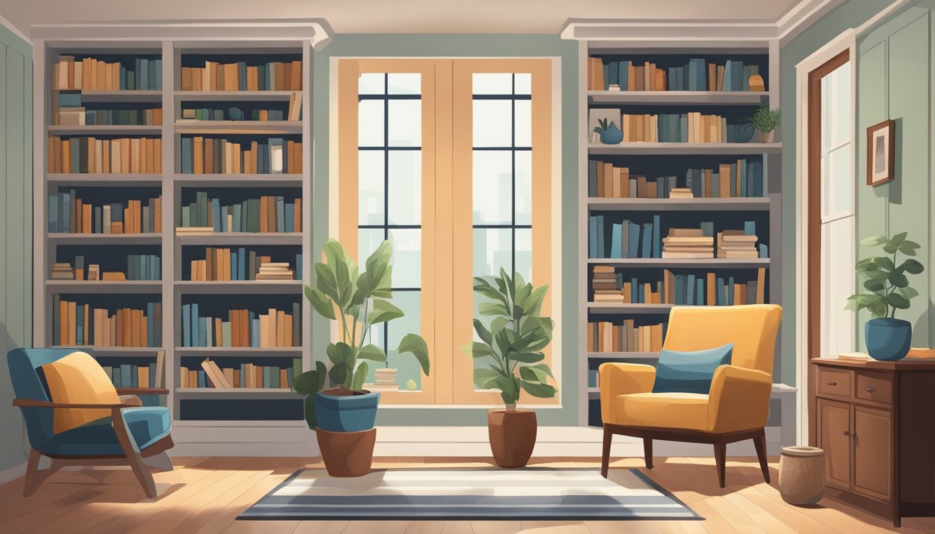Books arranged neatly on shelves, interspersed with decorative items like vases, plants, and framed photos. A cozy reading nook with a comfortable chair and a small side table completes the scene