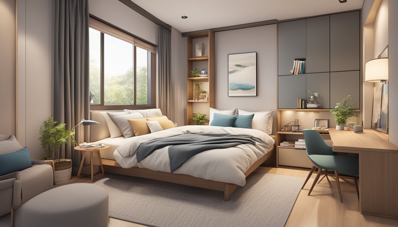 A cozy HDB bedroom with modern design features and ample storage options. Bright lighting and a neutral color palette create a welcoming atmosphere