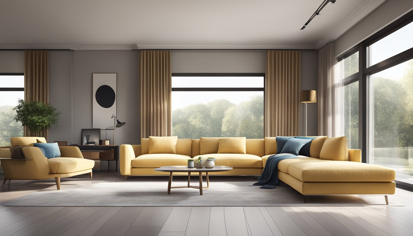 A modular sofa in a spacious living room, with clean lines and modern design. Bright natural light fills the room, casting soft shadows on the sleek upholstery