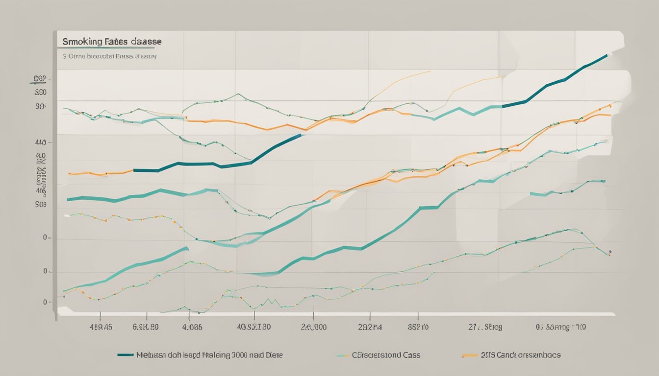 A graph showing the correlation between smoking rates and heart disease cases, with a clear upward trend