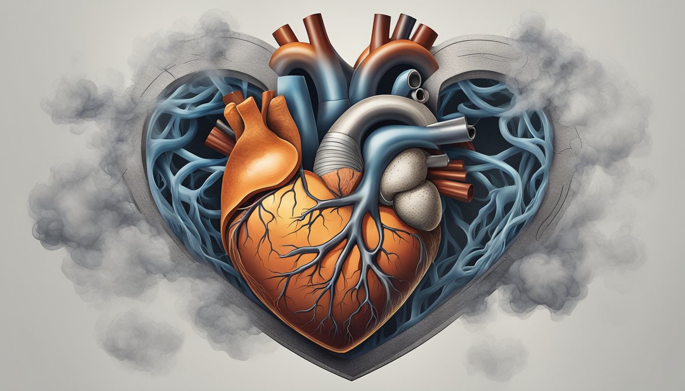 A heart surrounded by smoke, arteries clogged with tar, and a healthy heart next to it
