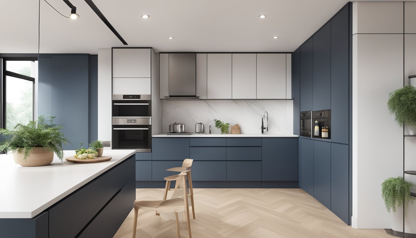 A sleek, modern kitchen cabinet design in a BTO flat, with clean lines, handleless doors, and integrated appliances