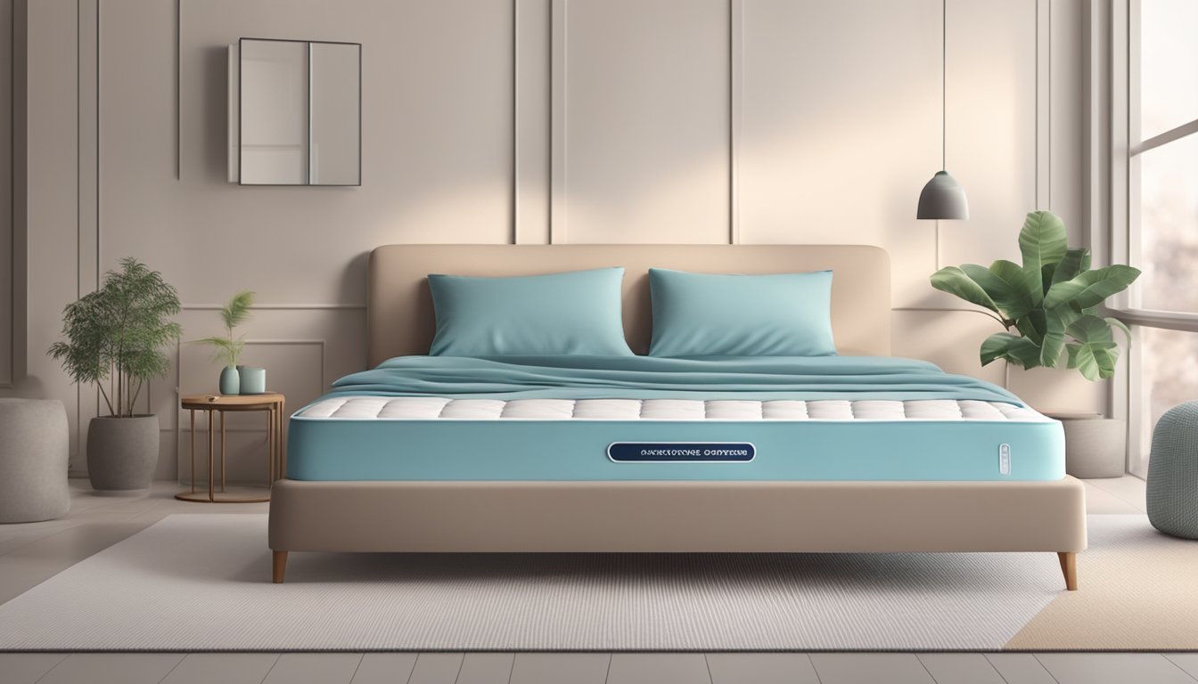 A cooling mattress lies on a bed with a soft, breathable cover. A gentle breeze wafts over the surface, creating a sense of coolness and comfort