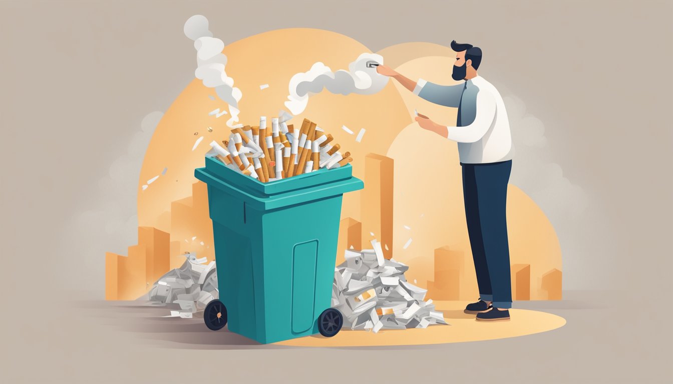 A cigarette being tossed into a trash can, surrounded by statistics on reduced risk of heart disease after quitting smoking