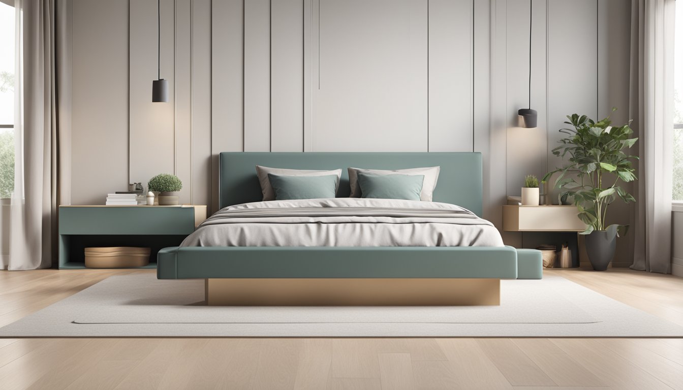 A platform bed with built-in storage drawers underneath, set against a minimalist backdrop with clean lines and neutral colors