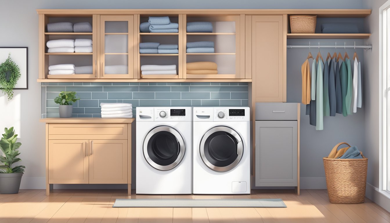 A sleek, modern washer dryer combo sits in a spacious, well-lit laundry room, surrounded by neatly folded towels and a basket of fresh laundry