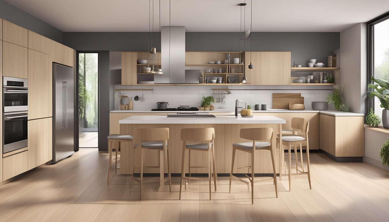 A modern kitchen with sleek cabinets, minimalist hardware, and integrated appliances. Light wood tones and clean lines create a contemporary and functional space for cooking and entertaining