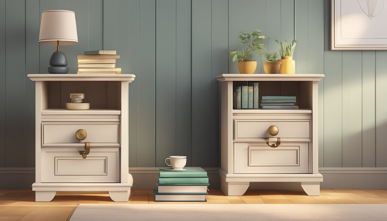 Two wooden bedside cabinets with drawers and decorative handles, topped with matching lamps and a small stack of books