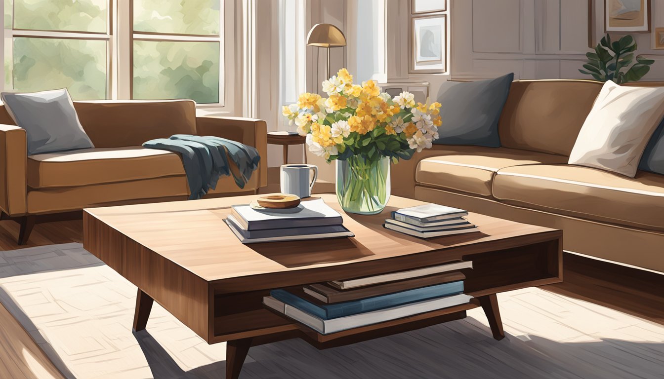 A walnut coffee table sits in a sunlit living room, adorned with a vase of fresh flowers and a stack of books