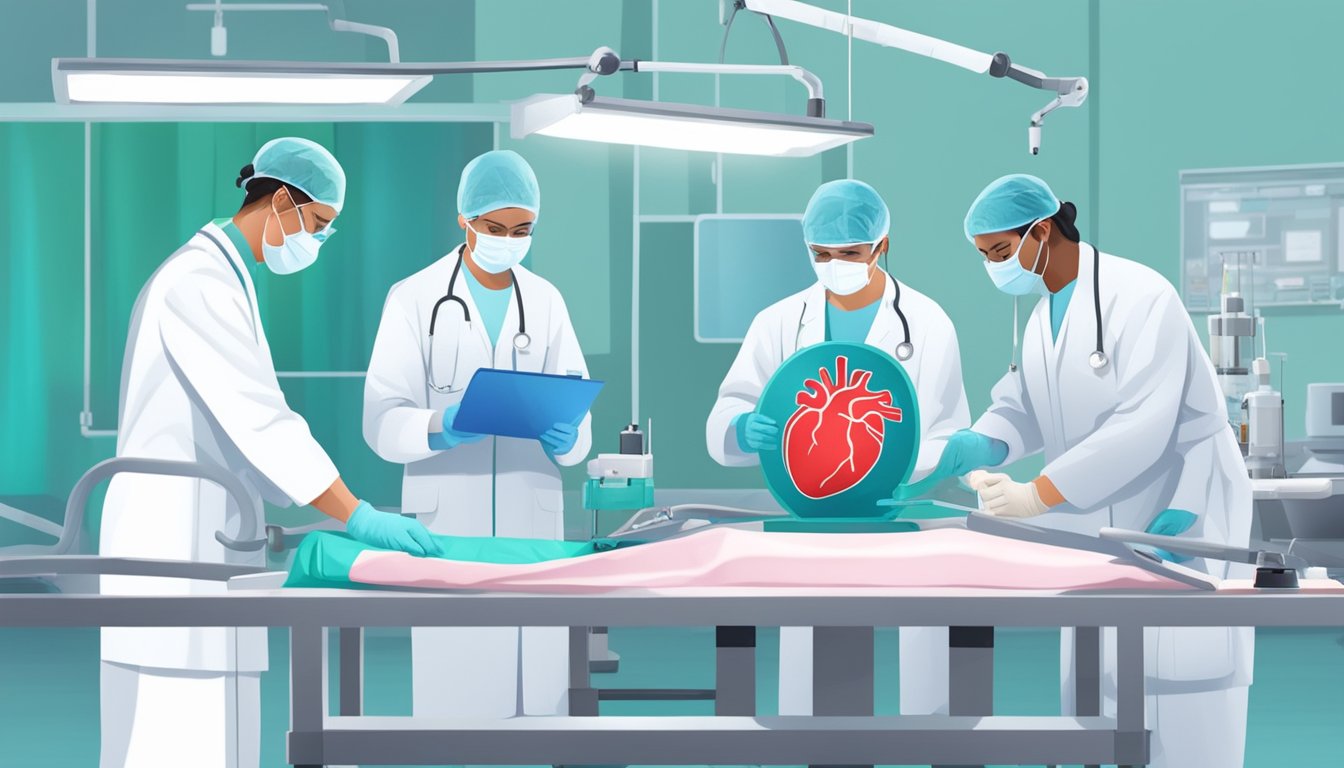 A team of medical professionals conduct tests and prepare equipment for a heart transplant surgery