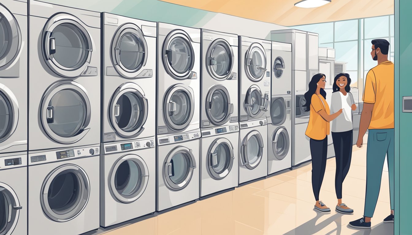 A couple stands in front of a row of washer dryers, comparing features and prices. The showroom is bright and spacious, with various models on display