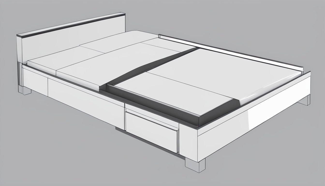 A modern platform bed with sleek lines and hidden storage compartments. Clean, minimalist design with a focus on functionality and organization