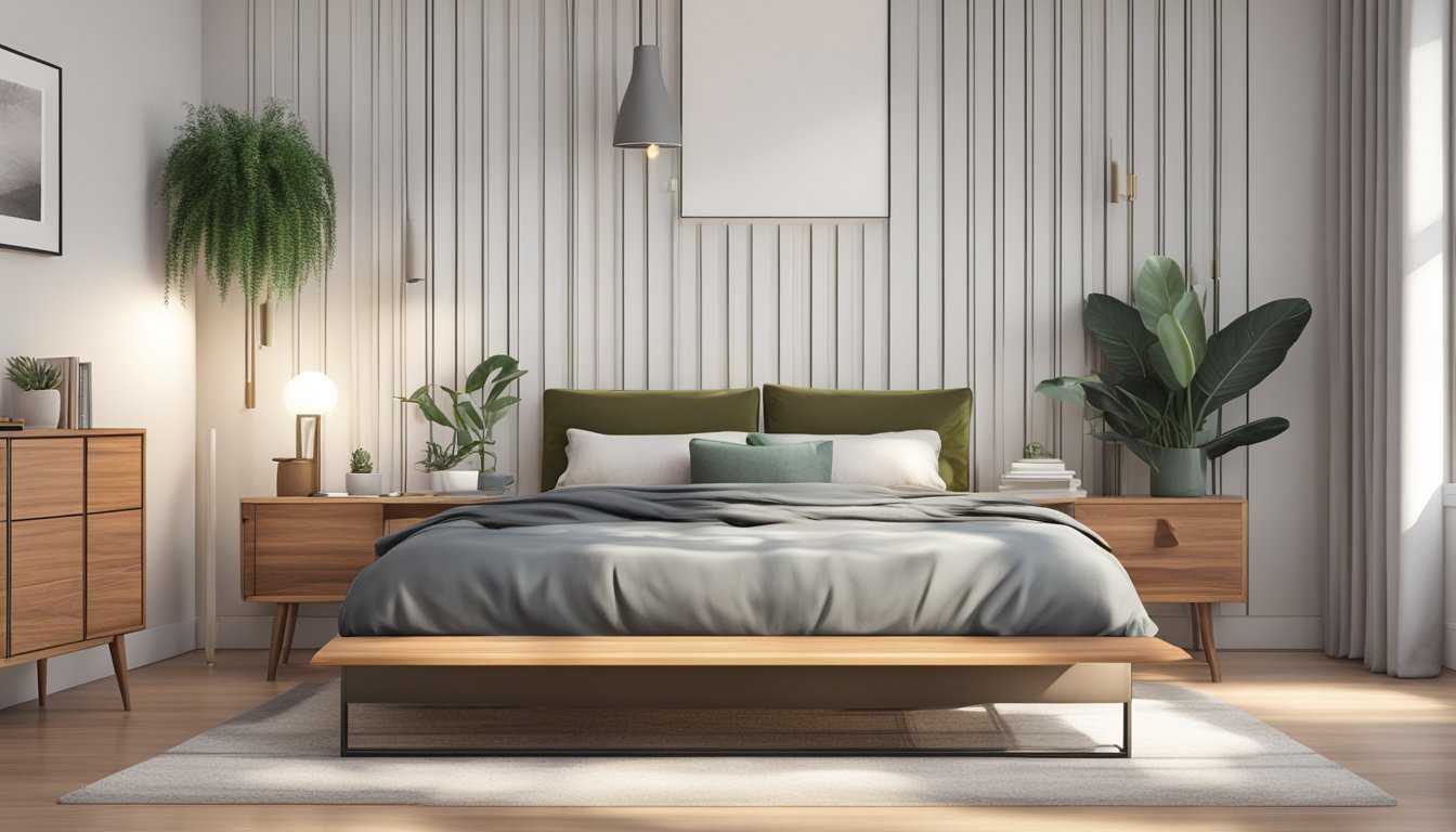 A cozy bedroom with a stylish bedside cabinet, adorned with a lamp, books, and a decorative plant. The cabinet is made of wood with sleek, modern lines and a smooth finish