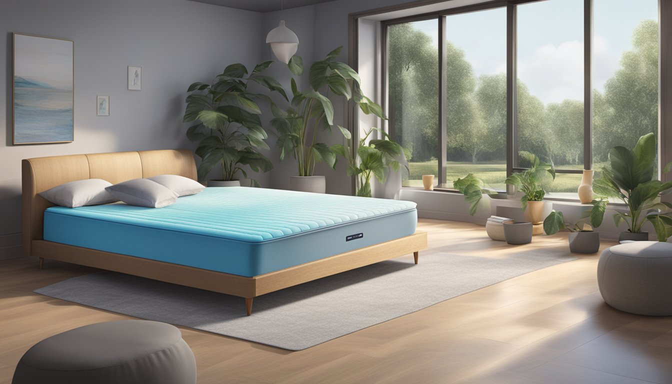 A mattress with cooling technology, surrounded by a serene, cool environment