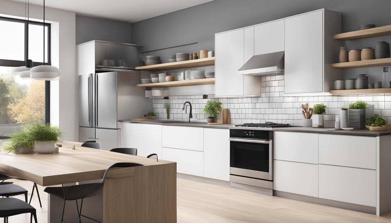 A modern kitchen with sleek, white cabinets and stainless steel hardware. The design incorporates smart storage solutions and a minimalist aesthetic