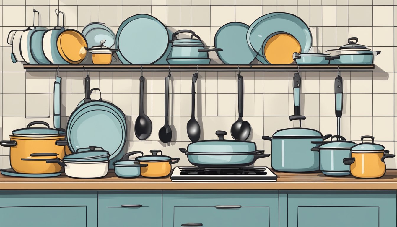 A kitchen scene with a ceramic cookware set in a modern Singaporean home. The cookware is neatly arranged on a countertop or hanging from a rack