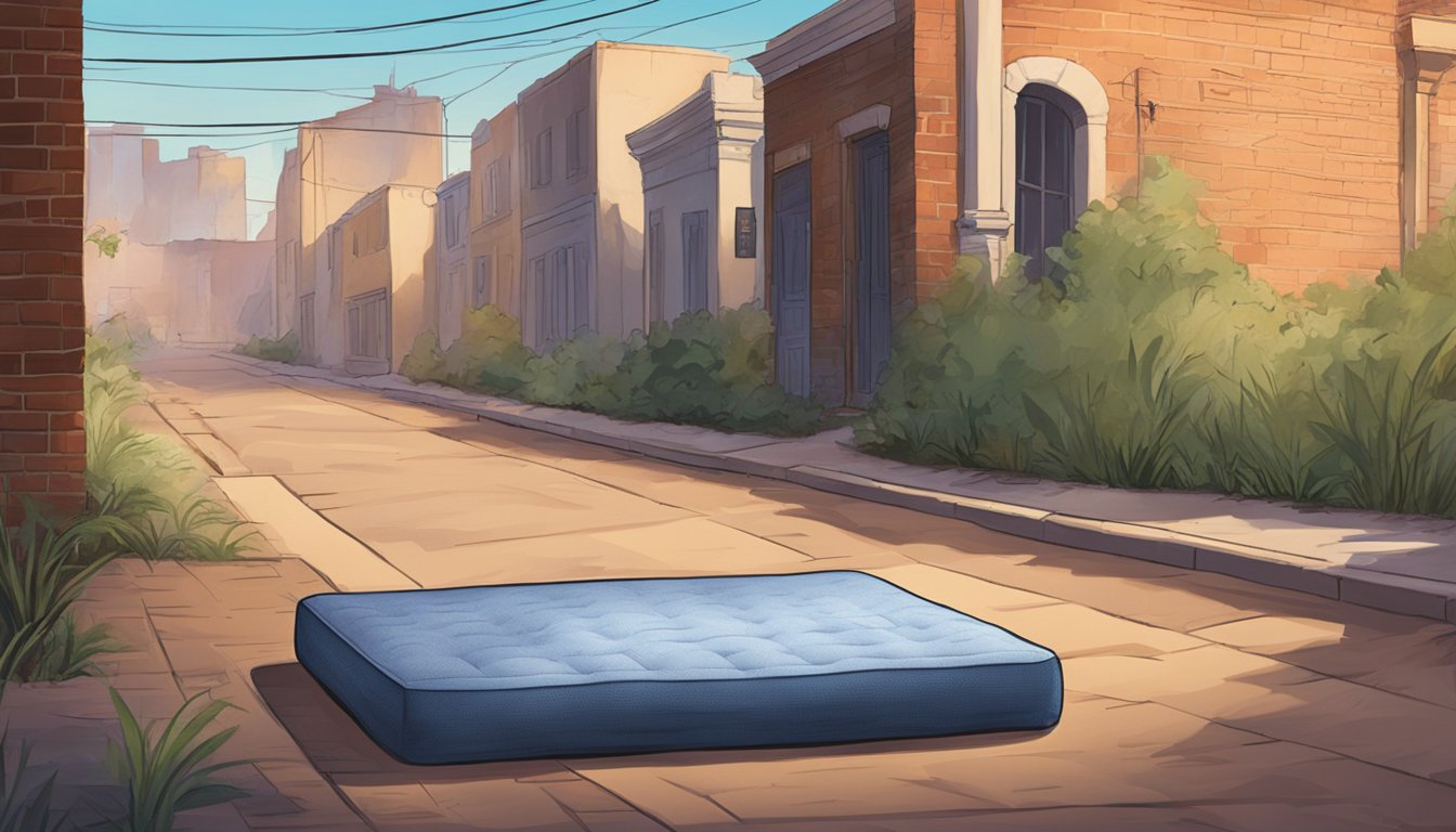 A worn-out mattress with a "for sale" sign, leaning against a brick wall in a dimly lit alley
