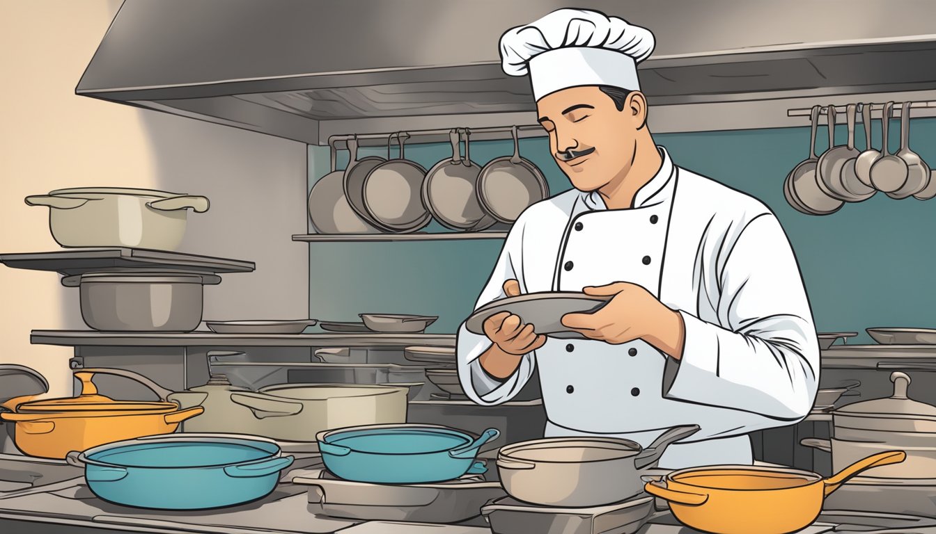 A chef examines a set of ceramic cookware, noticing its non-stick surface and even heat distribution