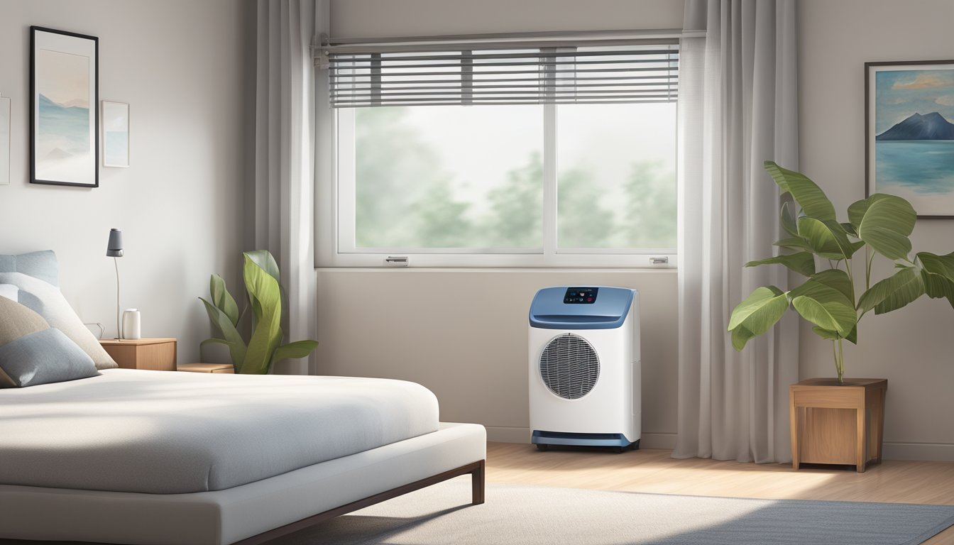 An aircon unit set to dehumidifier mode, surrounded by a tidy room with minimal clutter, and a digital thermostat displaying a lower humidity level