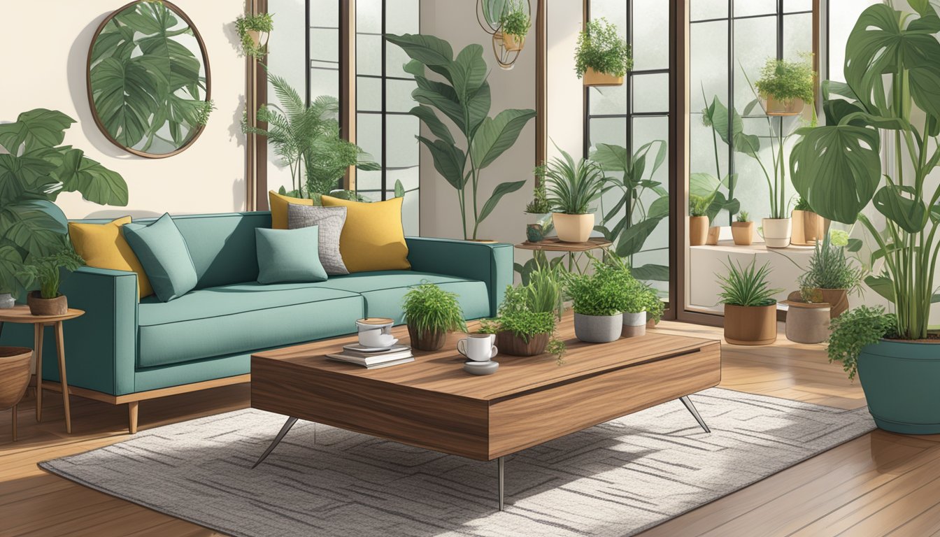 A walnut coffee table surrounded by potted plants and eco-friendly decor, showcasing sustainability and responsibility