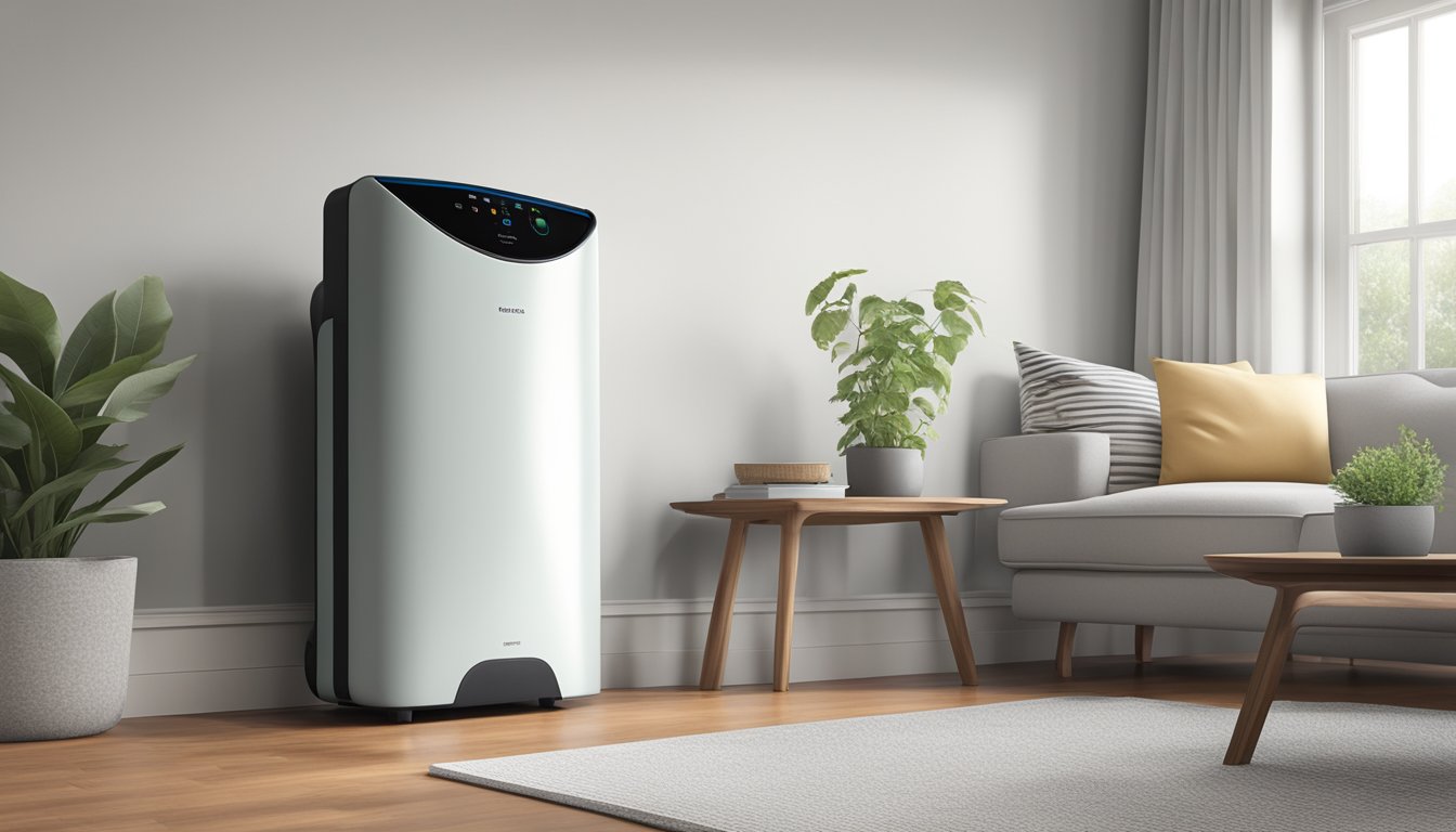 A room dehumidifier sits in the corner, quietly humming as it pulls moisture from the air. The machine's sleek, modern design contrasts with the cozy, lived-in feel of the room