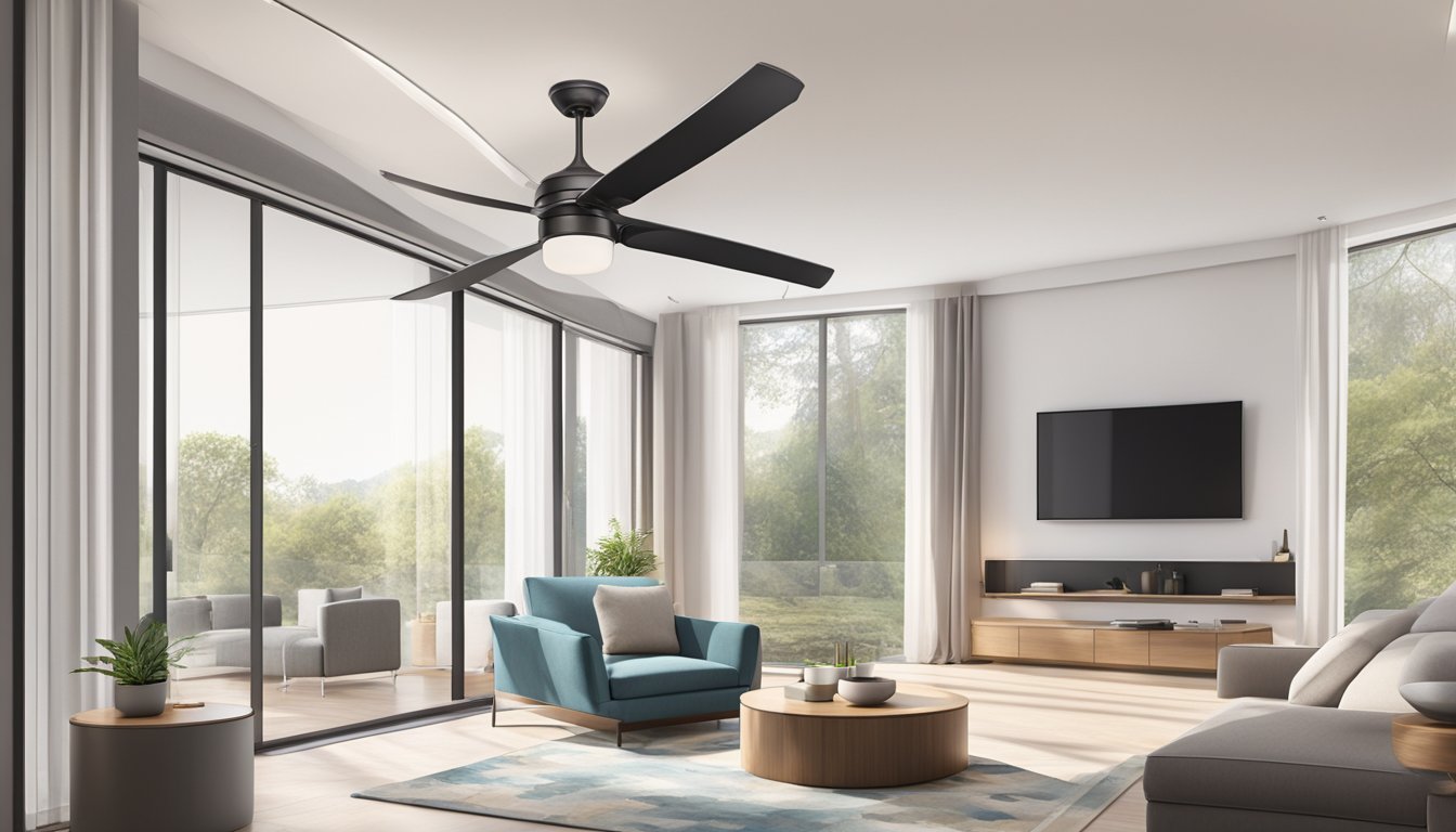 A corner ceiling fan with sleek blades and modern design, mounted in a spacious, well-lit room with high ceilings and minimalistic decor