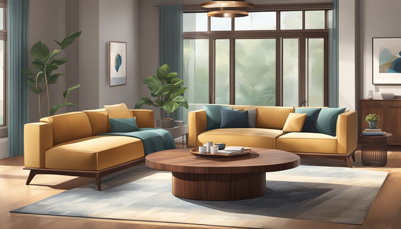 A sleek walnut coffee table with a clean, modern design sits in a well-lit living room, surrounded by comfortable seating and a warm, inviting atmosphere