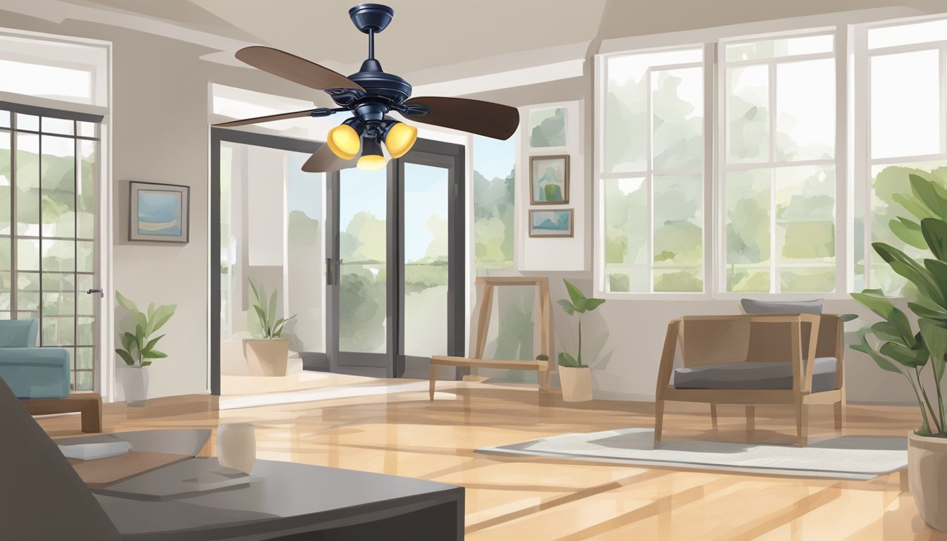 A ceiling fan is being installed in a corner. It is then turned on and begins to spin