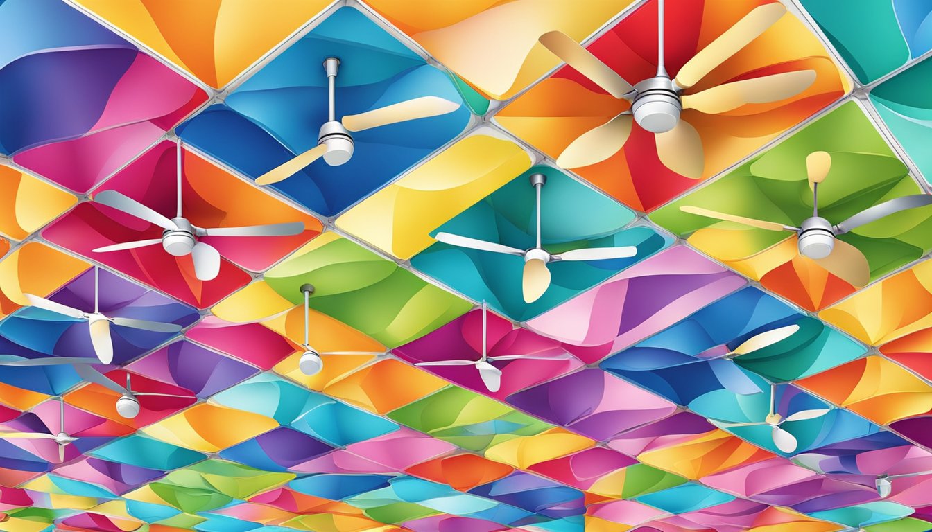 Colorful art ceiling fans spin above a gallery, casting vibrant patterns on the walls and floor