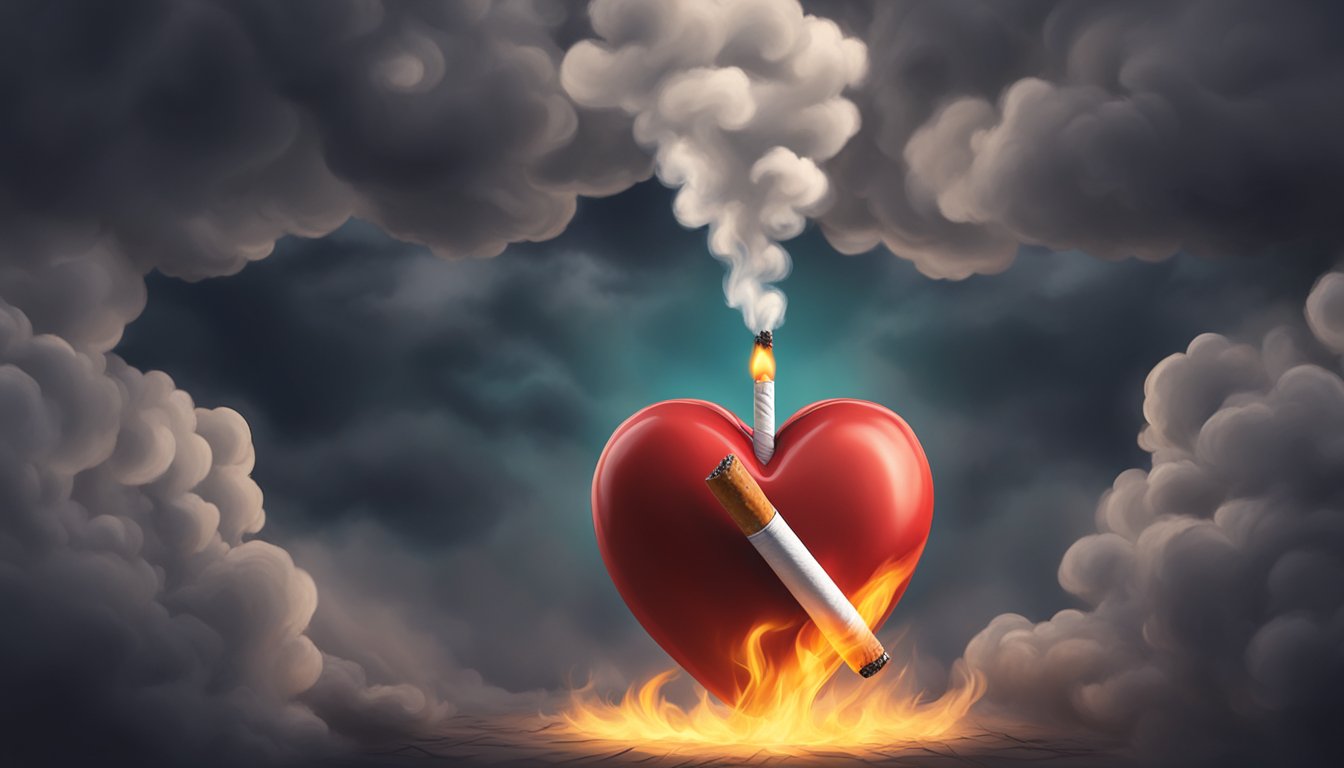A cigarette burning beside a healthy heart, surrounded by dark, ominous clouds symbolizing the impact of smoking on cardiovascular health