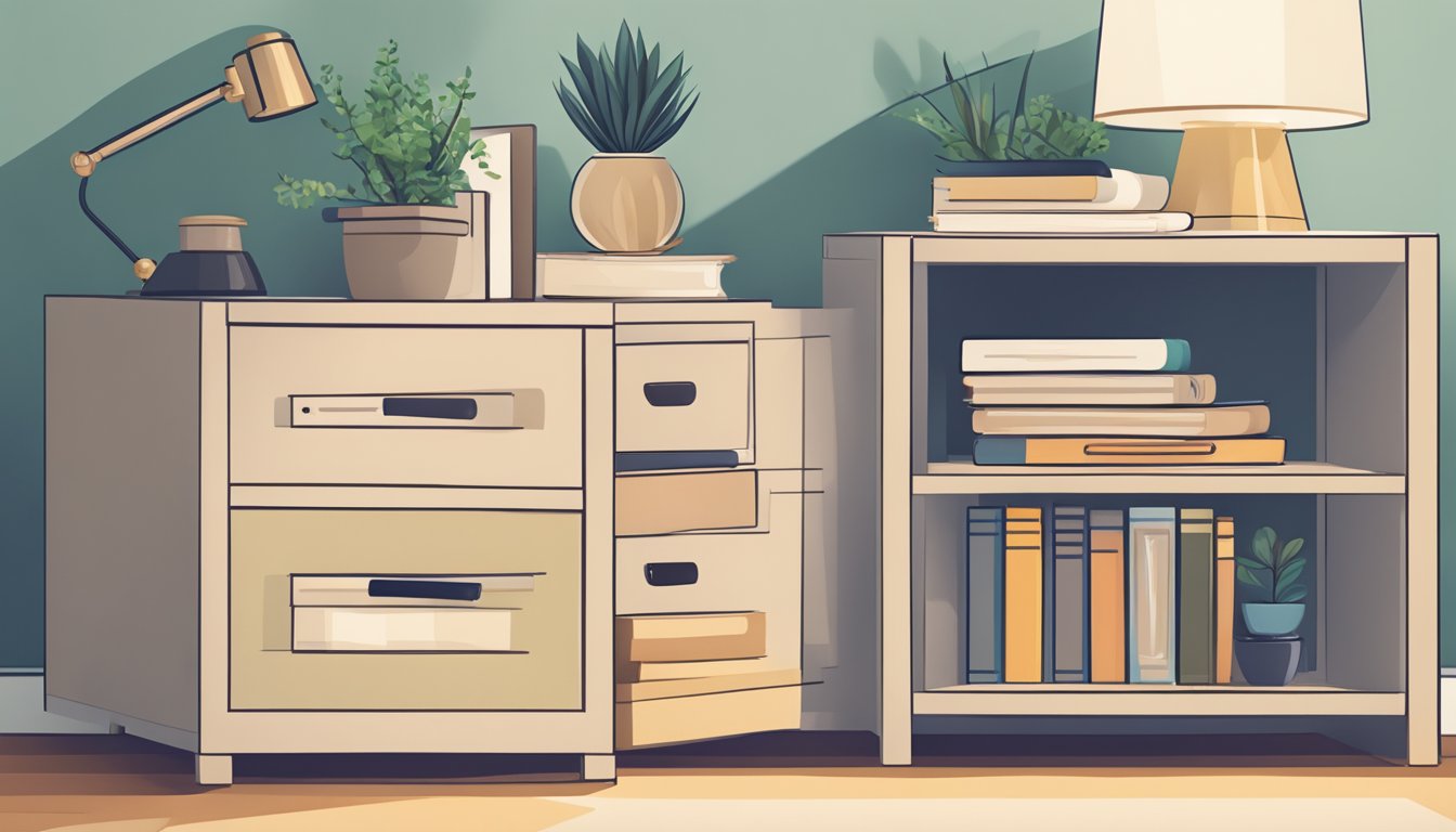 Two bedside cabinets with open drawers, displaying neatly organized items. A stack of books, a lamp, and a small plant sit on top