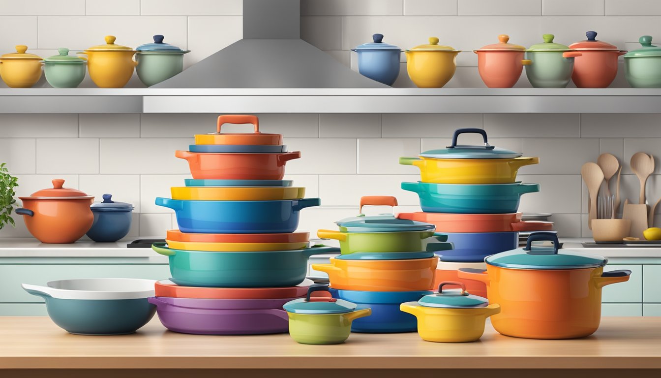A stack of colorful ceramic cookware with "Frequently Asked Questions" written on the packaging, set against a clean, modern kitchen backdrop