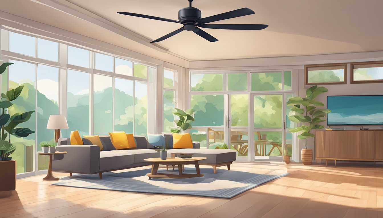 A cozy living room with a modern ceiling fan casting a gentle breeze, creating a relaxing ambience