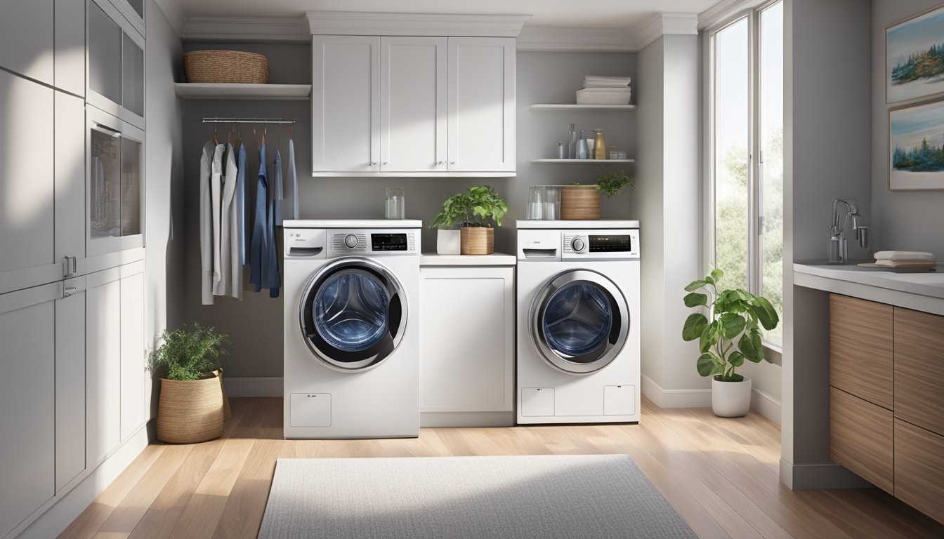 A modern washer dryer combo sits in a clean, well-lit laundry room. The machine is sleek and efficient, with clear digital displays and easy-to-use buttons
